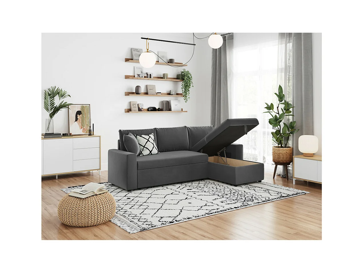 Canapé d'angle 3 places Maria réversible et convertible avec coffre en velours - Gris anthracite - L227 x P146 x H81cm - Loungitude