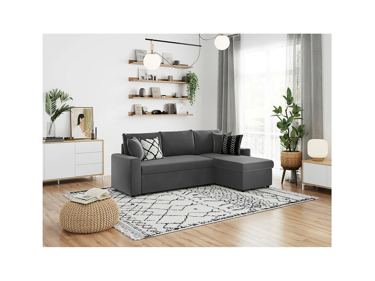 Canapé d'angle 3 places Maria réversible et convertible avec coffre en velours - Gris anthracite - L227 x P146 x H81cm - Loungitude