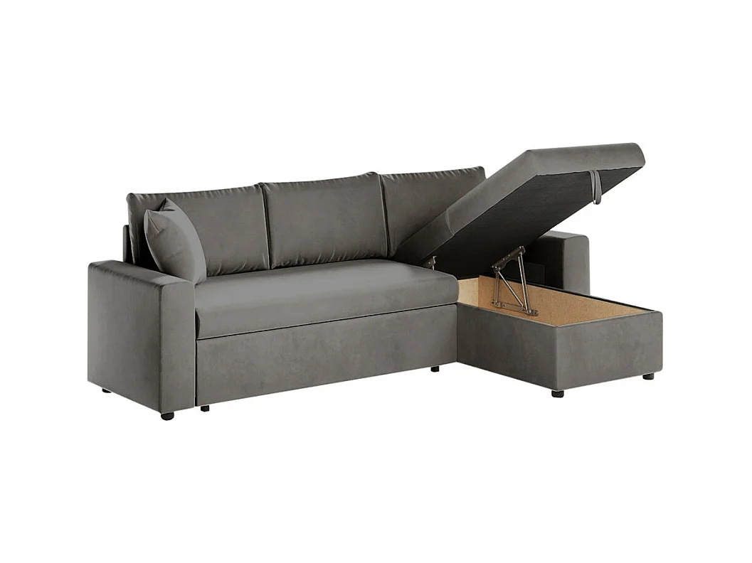 Canapé d'angle 3 places Maria réversible et convertible avec coffre en velours - Gris anthracite - L227 x P146 x H81cm - Loungitude