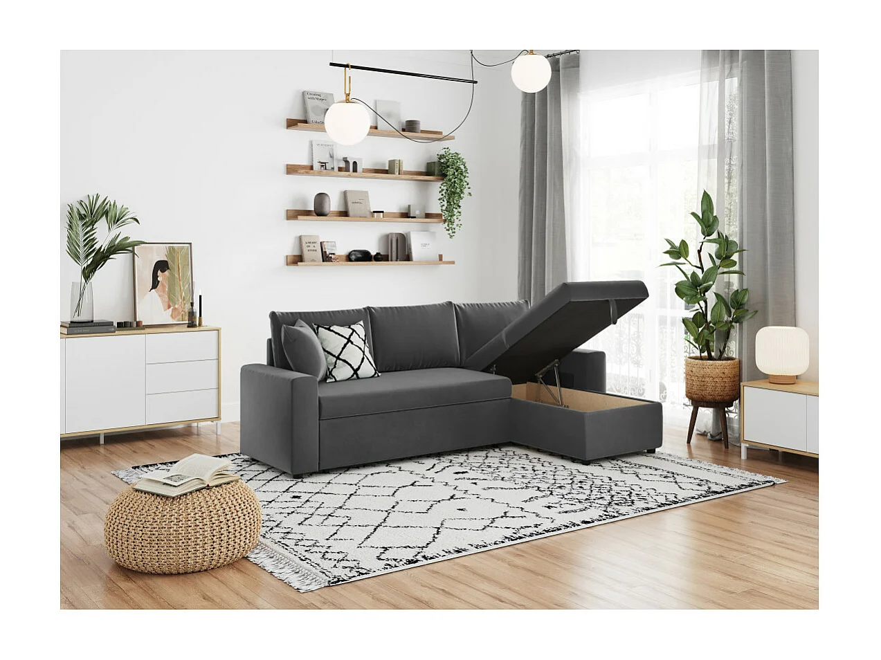 Canapé d'angle 3 places Maria réversible et convertible avec coffre en velours - Gris anthracite - L227 x P146 x H81cm - Loungitude