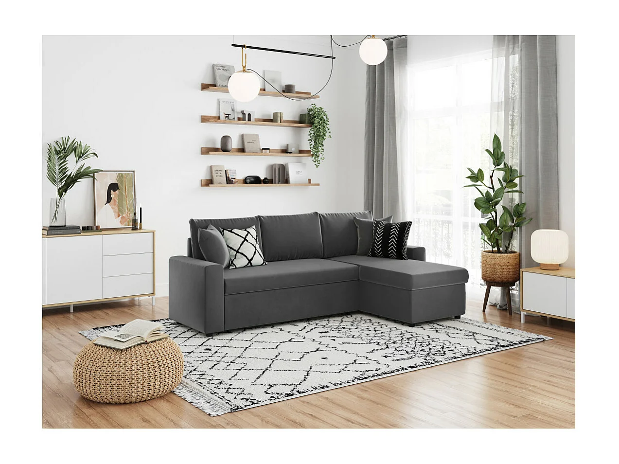 Canapé d'angle 3 places Maria réversible et convertible avec coffre en velours - Gris anthracite - L227 x P146 x H81cm - Loungitude