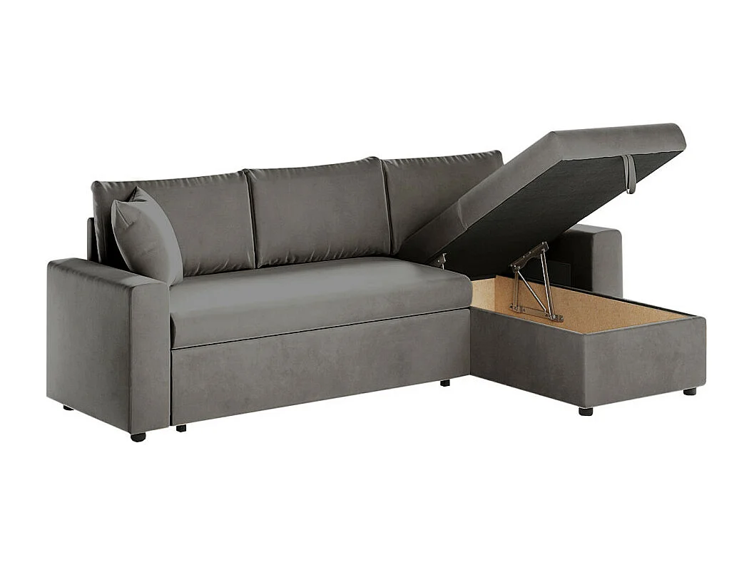Canapé d'angle 3 places Maria réversible et convertible avec coffre en velours - Gris anthracite - L227 x P146 x H81cm - Loungitude