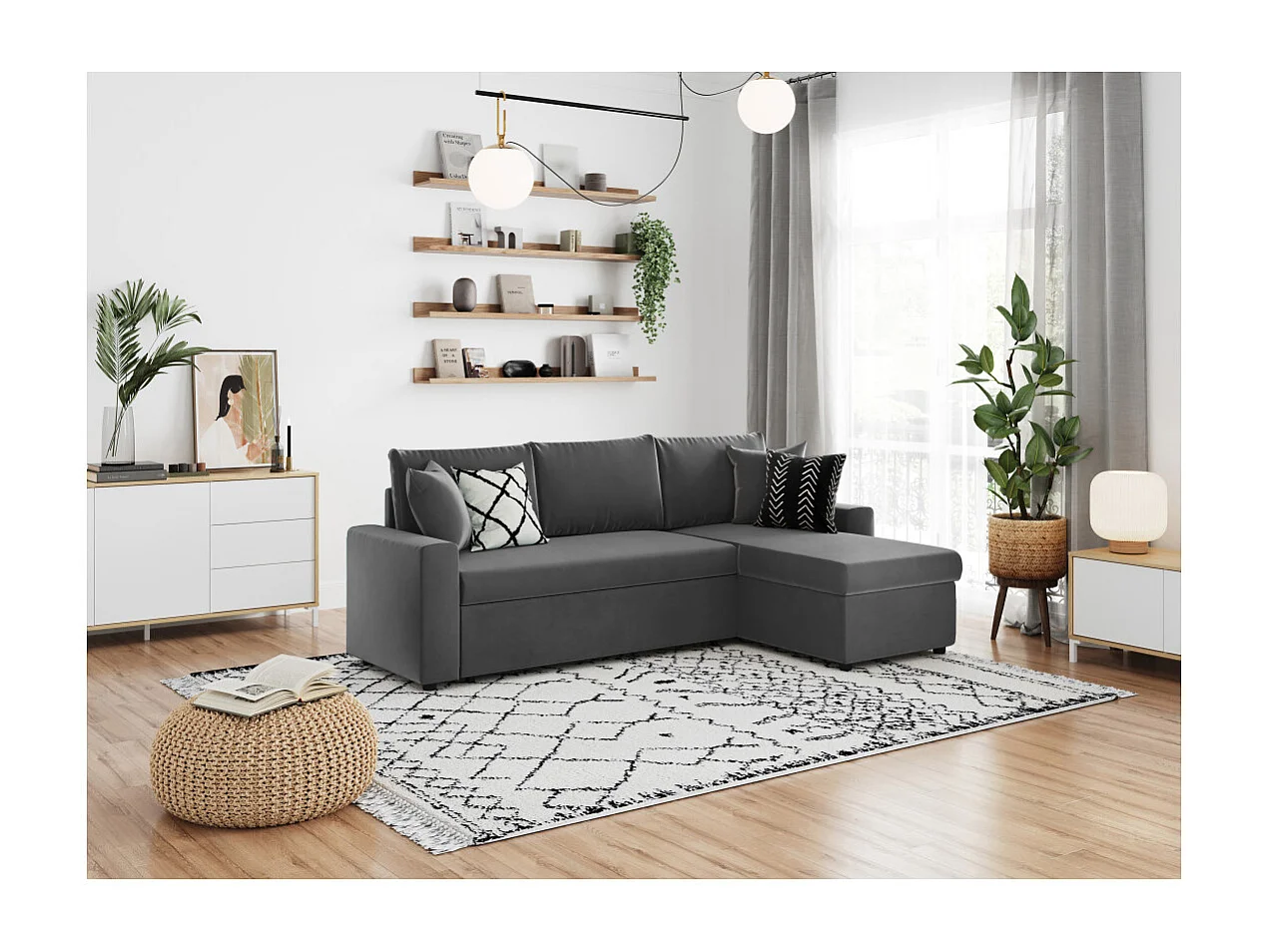 Canapé d'angle 3 places Maria réversible et convertible avec coffre en velours - Gris anthracite - L227 x P146 x H81cm - Loungitude