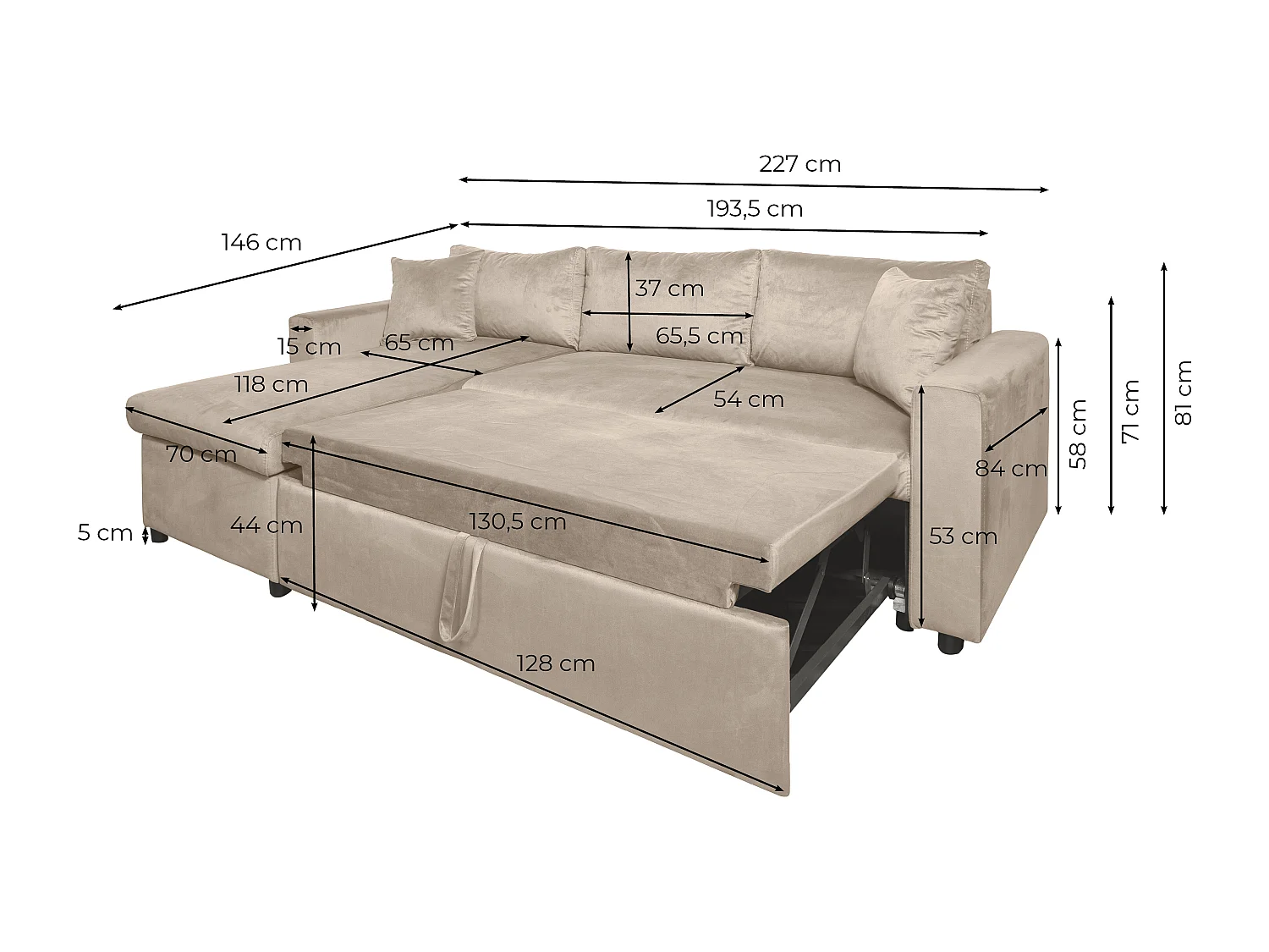 Canapé d'angle 3 places Maria réversible et convertible avec coffre en velours - Gris anthracite - L227 x P146 x H81cm - Loungitude