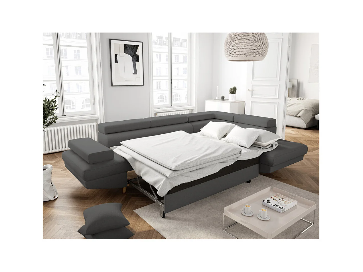 Canapé d'angle droit convertible Rio Scandinave avec coffre en tissu - Gris anthracite, Pieds bois - L271 x P192 x H70cm - Loungitude