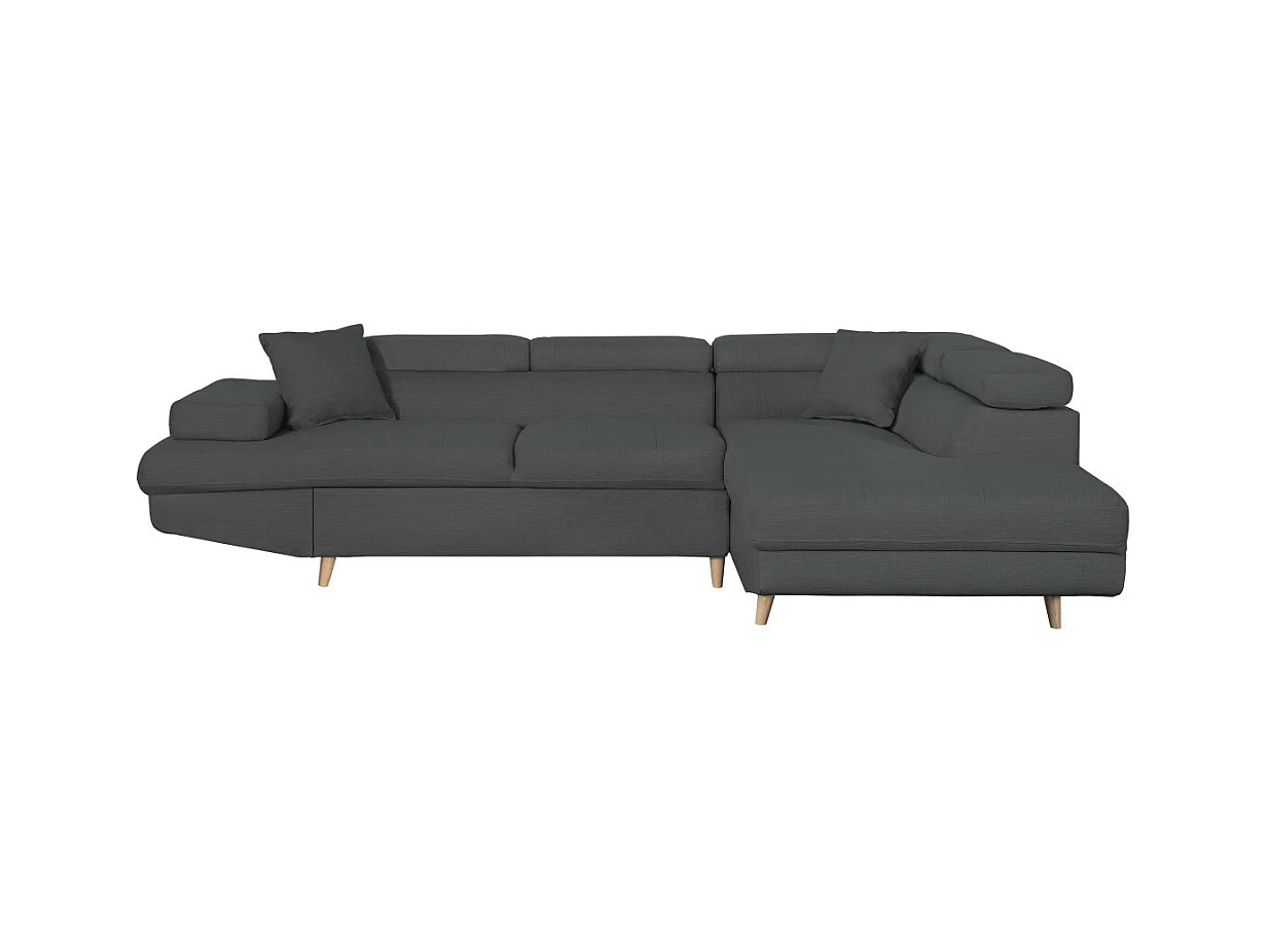 Canapé d'angle droit convertible Rio Scandinave avec coffre en tissu - Gris anthracite, Pieds bois - L271 x P192 x H70cm - Loungitude