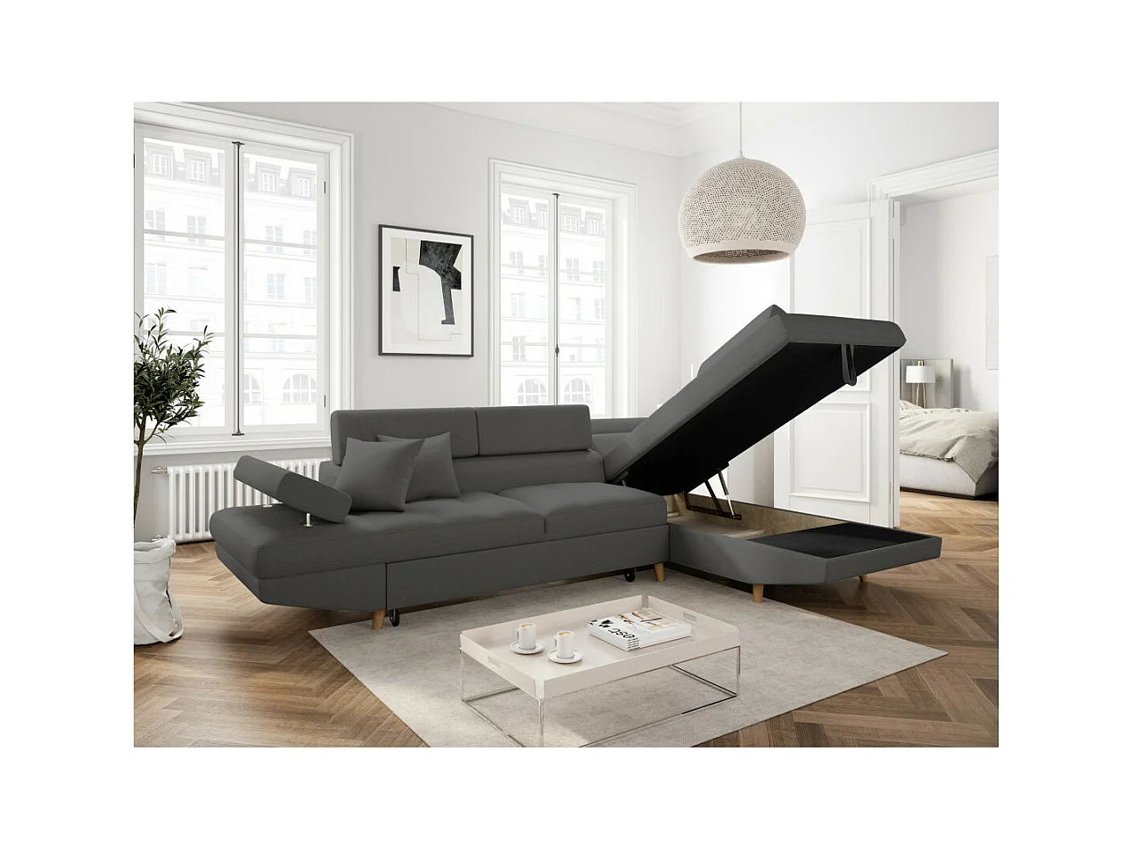 Canapé d'angle droit convertible Rio Scandinave avec coffre en tissu - Gris anthracite, Pieds bois - L271 x P192 x H70cm - Loungitude