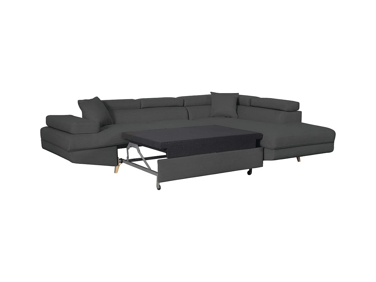 Canapé d'angle droit convertible Rio Scandinave avec coffre en tissu - Gris anthracite, Pieds bois - L271 x P192 x H70cm - Loungitude