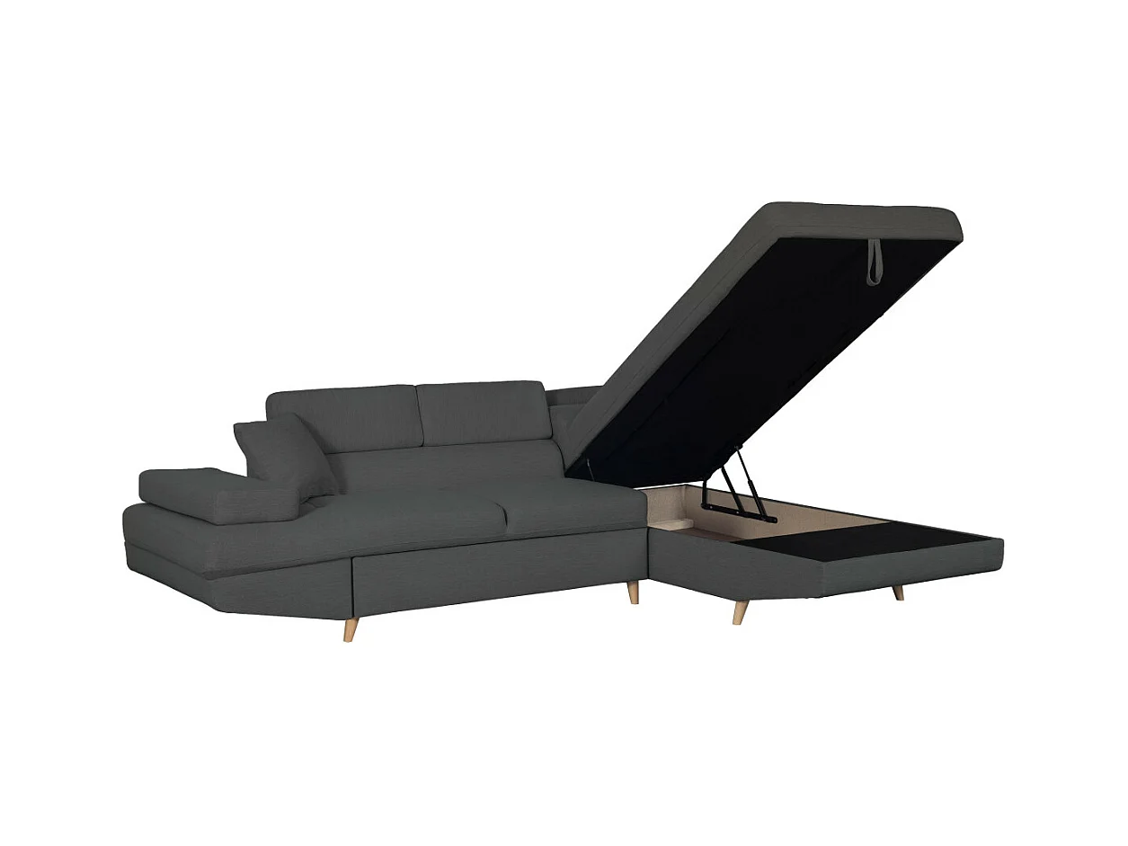 Canapé d'angle droit convertible Rio Scandinave avec coffre en tissu - Gris anthracite, Pieds bois - L271 x P192 x H70cm - Loungitude