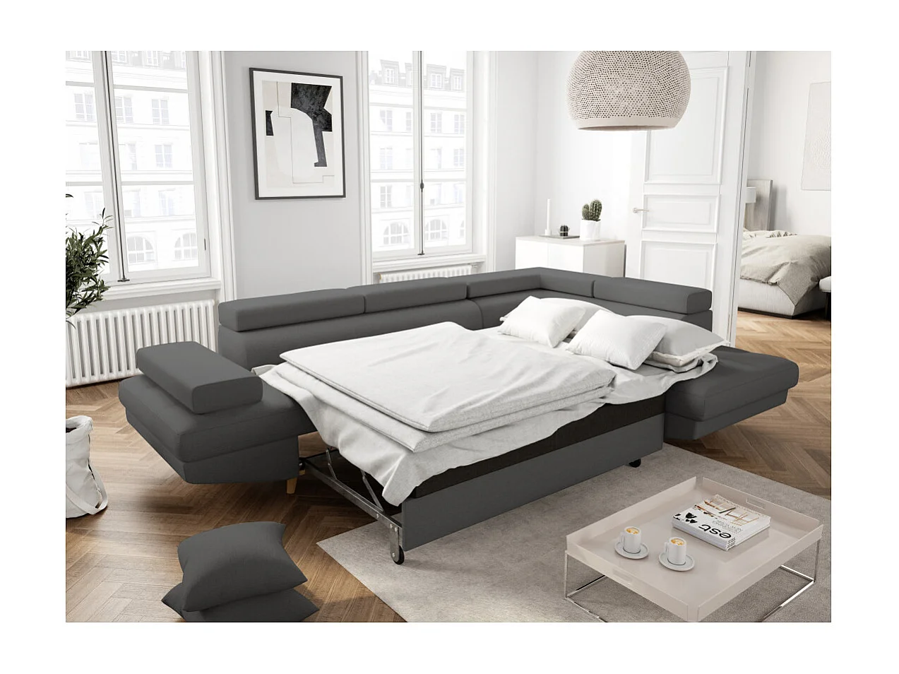 Canapé d'angle droit convertible Rio Scandinave avec coffre en tissu - Gris anthracite, Pieds bois - L271 x P192 x H70cm - Loungitude