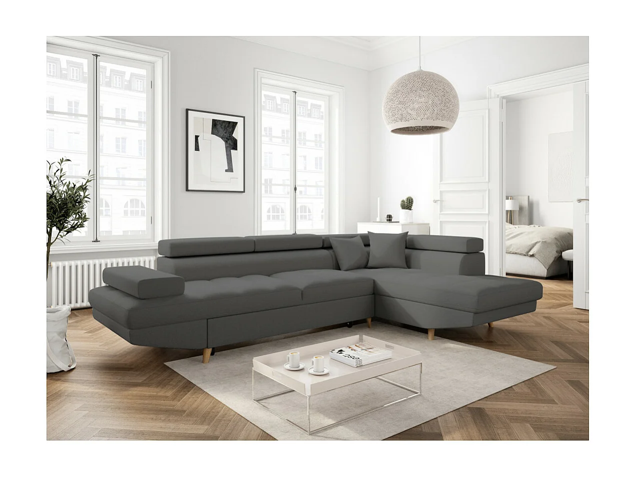Canapé d'angle droit convertible Rio Scandinave avec coffre en tissu - Gris anthracite, Pieds bois - L271 x P192 x H70cm - Loungitude