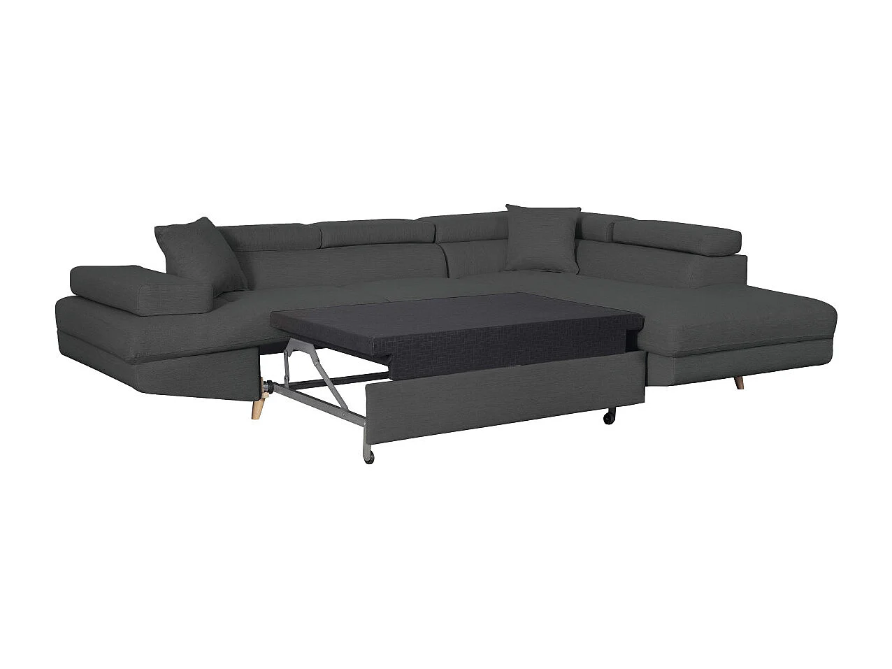 Canapé d'angle droit convertible Rio Scandinave avec coffre en tissu - Gris anthracite, Pieds bois - L271 x P192 x H70cm - Loungitude