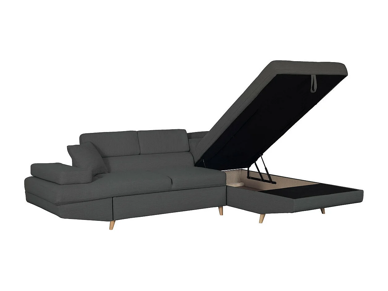 Canapé d'angle droit convertible Rio Scandinave avec coffre en tissu - Gris anthracite, Pieds bois - L271 x P192 x H70cm - Loungitude