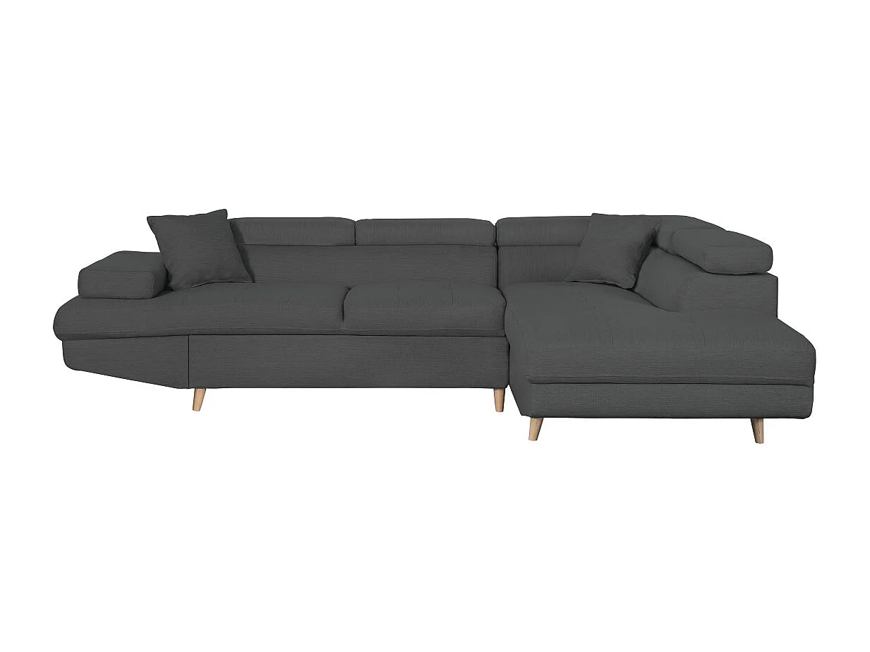 Canapé d'angle droit convertible Rio Scandinave avec coffre en tissu - Gris anthracite, Pieds bois - L271 x P192 x H70cm - Loungitude