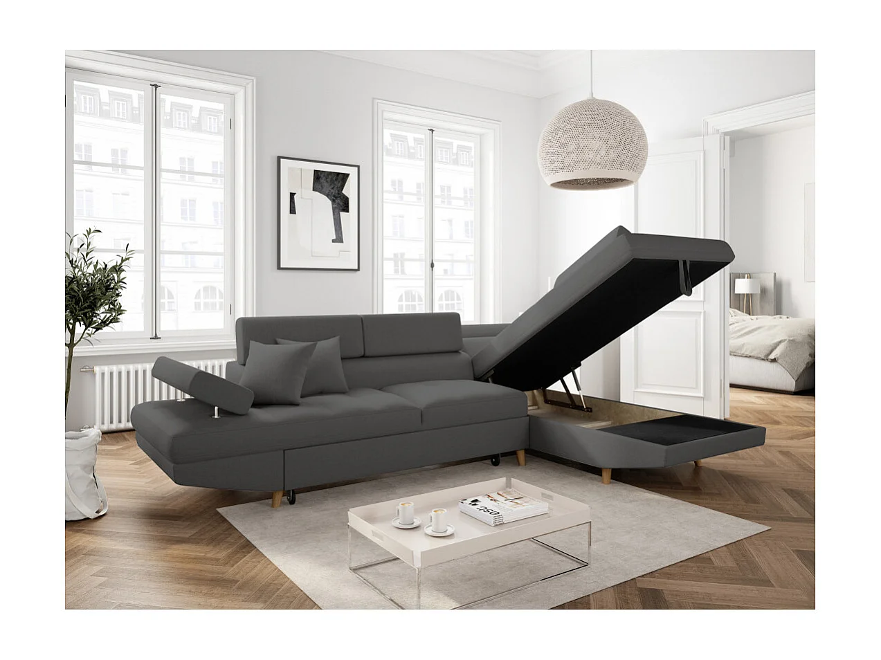 Canapé d'angle droit convertible Rio Scandinave avec coffre en tissu - Gris anthracite, Pieds bois - L271 x P192 x H70cm - Loungitude