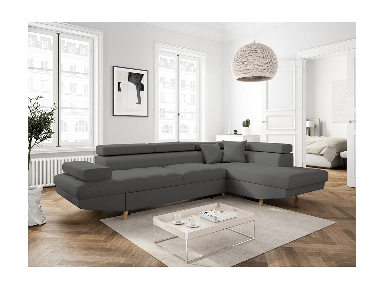 Canapé d'angle droit convertible Rio Scandinave avec coffre en tissu - Gris anthracite, Pieds bois - L271 x P192 x H70cm - Loungitude