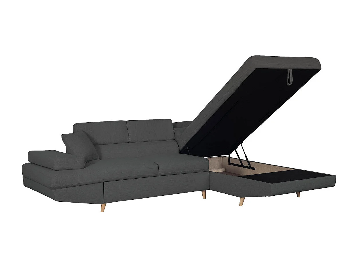 Canapé d'angle droit convertible Rio Scandinave avec coffre en tissu - Gris anthracite, Pieds bois - L271 x P192 x H70cm - Loungitude