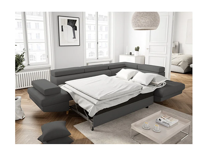 Canapé d'angle droit convertible Rio Scandinave avec coffre en tissu - Gris anthracite, Pieds bois - L271 x P192 x H70cm - Loungitude