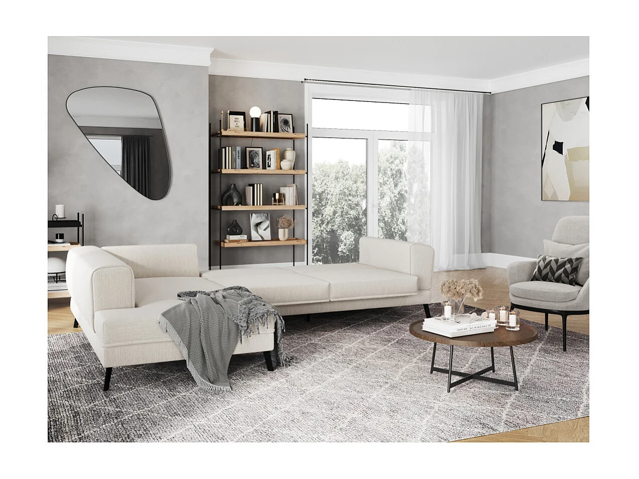 Canapé d'angle gauche 4 places India convertible 2 coffres en tissu - Beige - L304 x 212 x 86cm - Loungitude