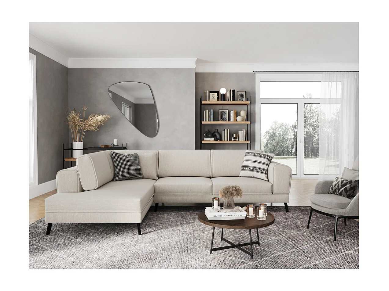 Canapé d'angle gauche 4 places India convertible 2 coffres en tissu - Beige - L304 x 212 x 86cm - Loungitude