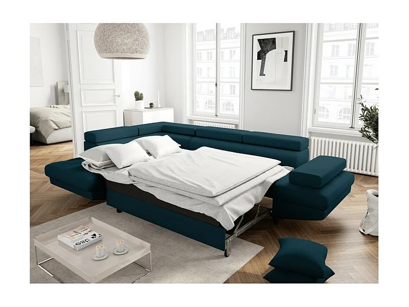 Canapé d'angle gauche convertible Rio Scandinave avec coffre en tissu - Bleu, Pieds noir - L271 x P192 x H70cm - Loungitude