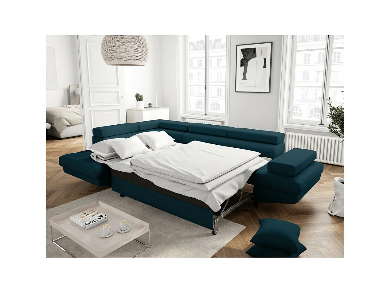 Canapé d'angle gauche convertible Rio Scandinave avec coffre en tissu - Bleu, Pieds noir - L271 x P192 x H70cm - Loungitude