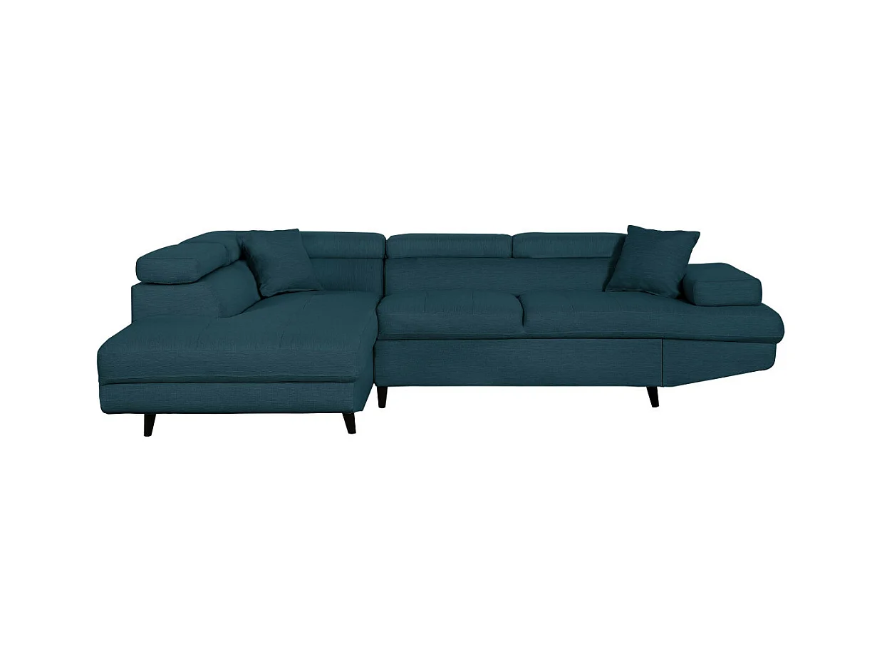 Canapé d'angle gauche convertible Rio Scandinave avec coffre en tissu - Bleu, Pieds noir - L271 x P192 x H70cm - Loungitude