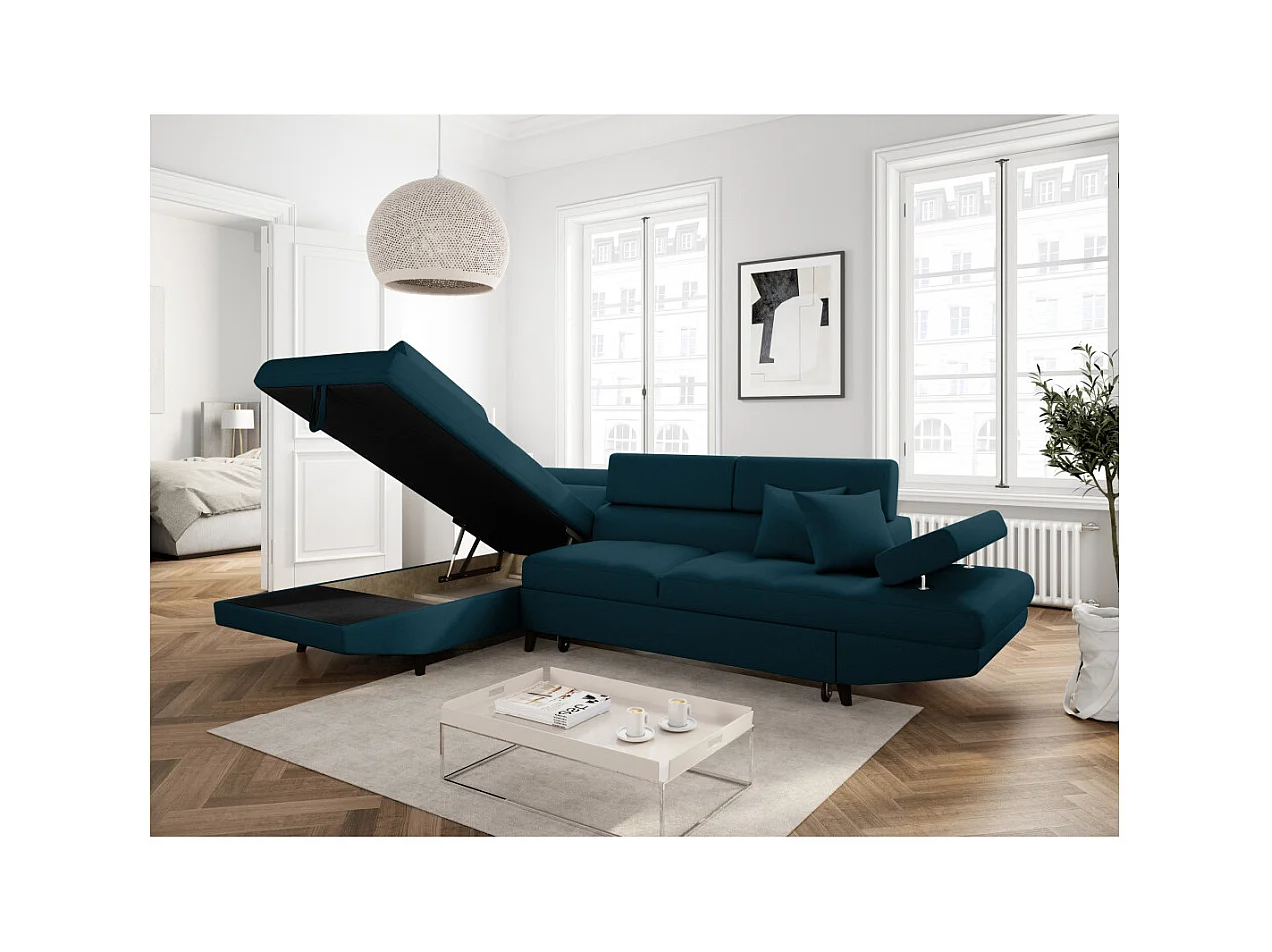 Canapé d'angle gauche convertible Rio Scandinave avec coffre en tissu - Bleu, Pieds noir - L271 x P192 x H70cm - Loungitude