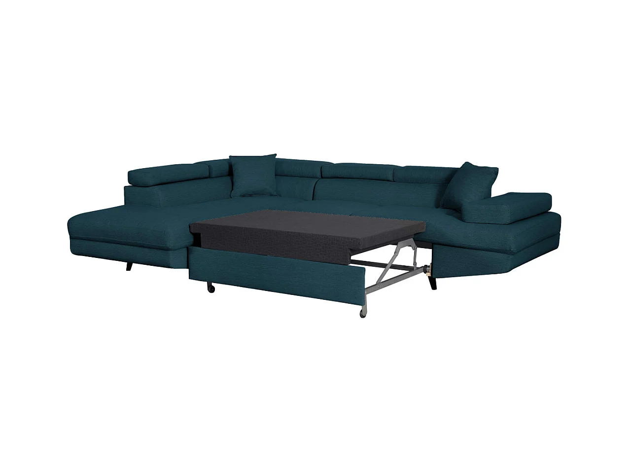 Canapé d'angle gauche convertible Rio Scandinave avec coffre en tissu - Bleu, Pieds noir - L271 x P192 x H70cm - Loungitude