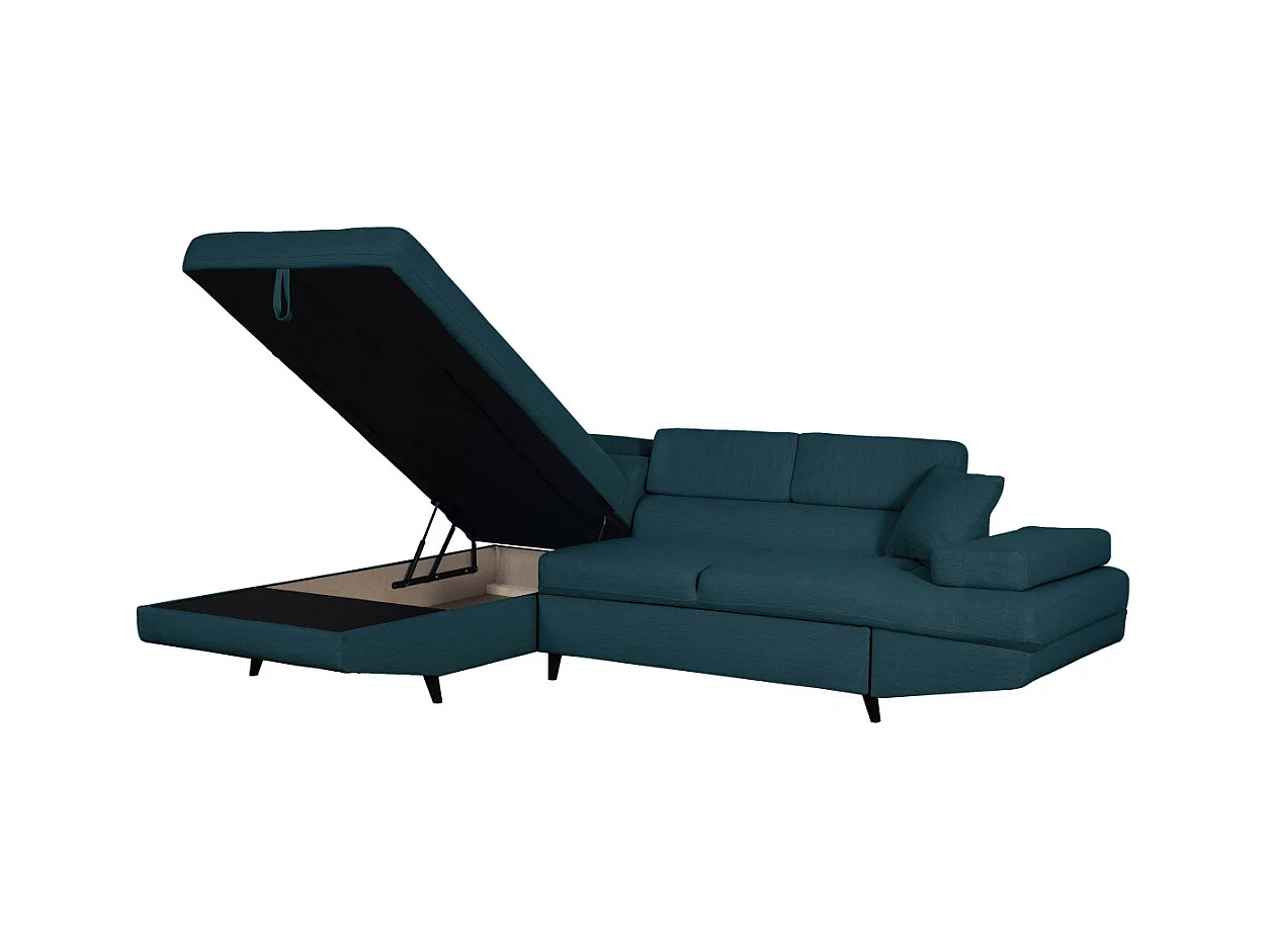 Canapé d'angle gauche convertible Rio Scandinave avec coffre en tissu - Bleu, Pieds noir - L271 x P192 x H70cm - Loungitude