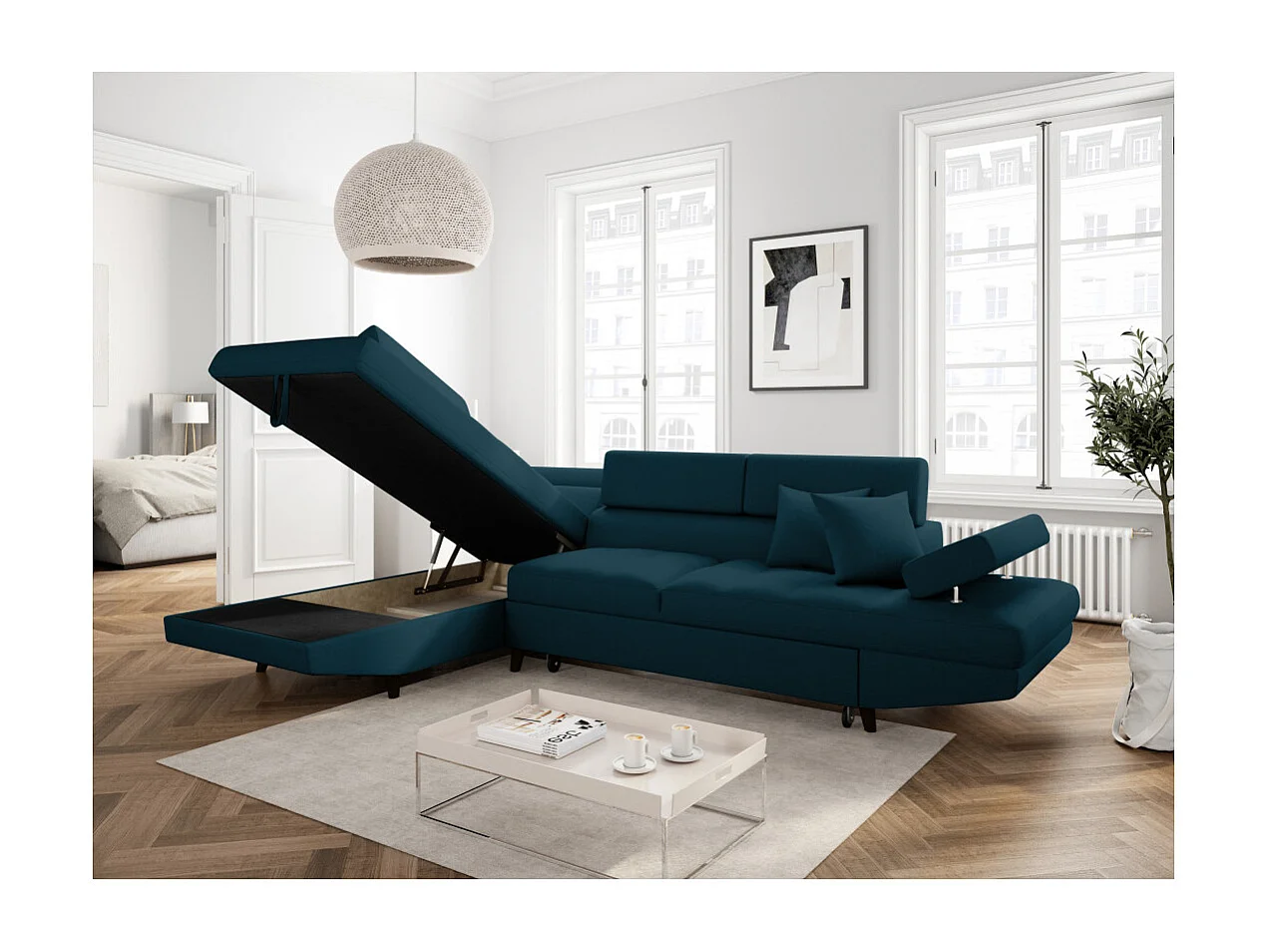 Canapé d'angle gauche convertible Rio Scandinave avec coffre en tissu - Bleu, Pieds noir - L271 x P192 x H70cm - Loungitude