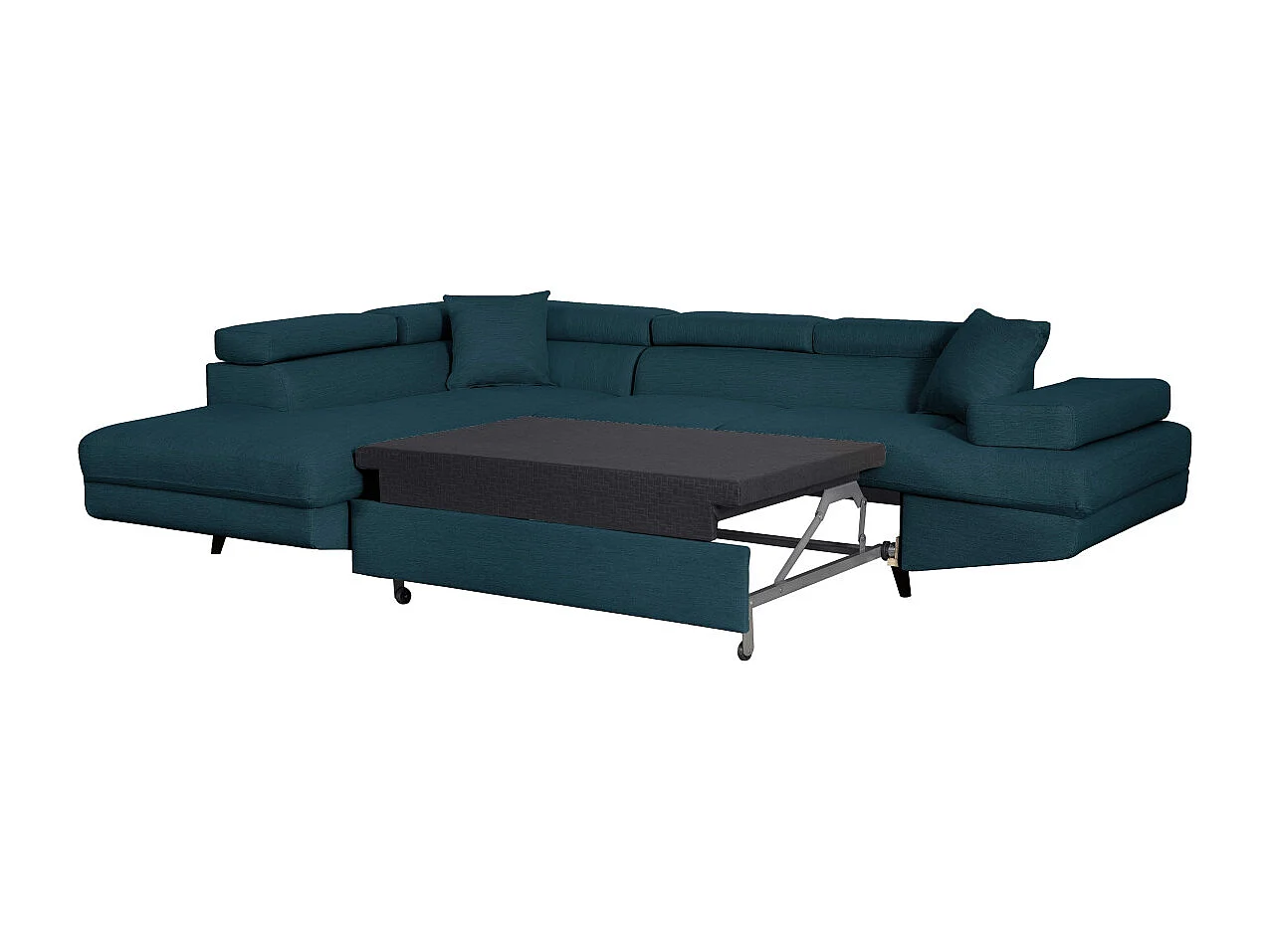 Canapé d'angle gauche convertible Rio Scandinave avec coffre en tissu - Bleu, Pieds noir - L271 x P192 x H70cm - Loungitude