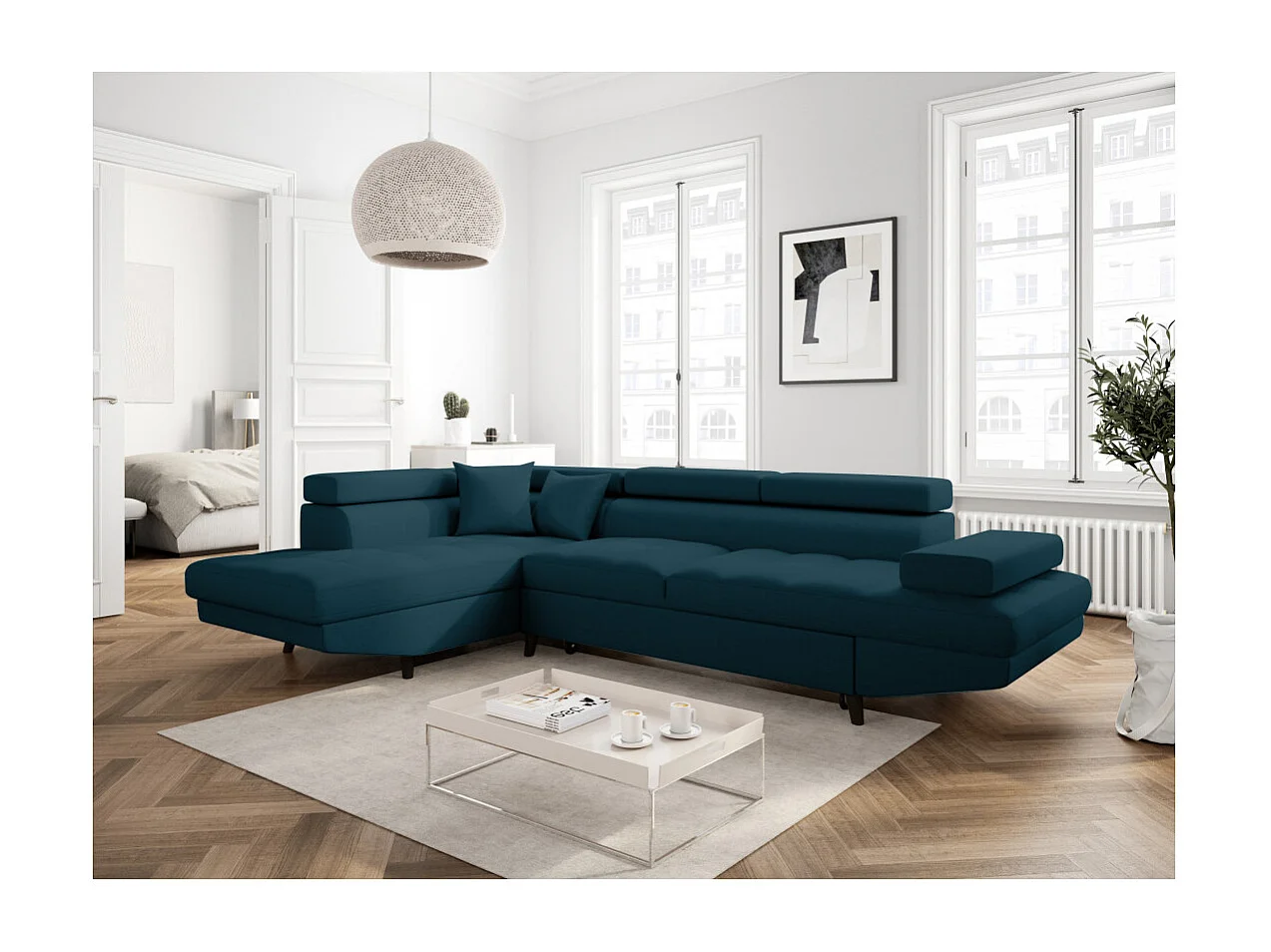 Canapé d'angle gauche convertible Rio Scandinave avec coffre en tissu - Bleu, Pieds noir - L271 x P192 x H70cm - Loungitude