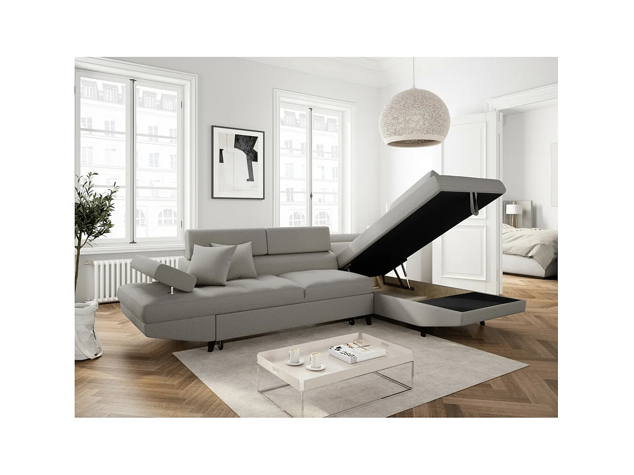 Canapé d'angle droit convertible Rio Scandinave avec coffre en tissu - Gris clair, Pieds noir - L271 x P192 x H70cm - Loungitude