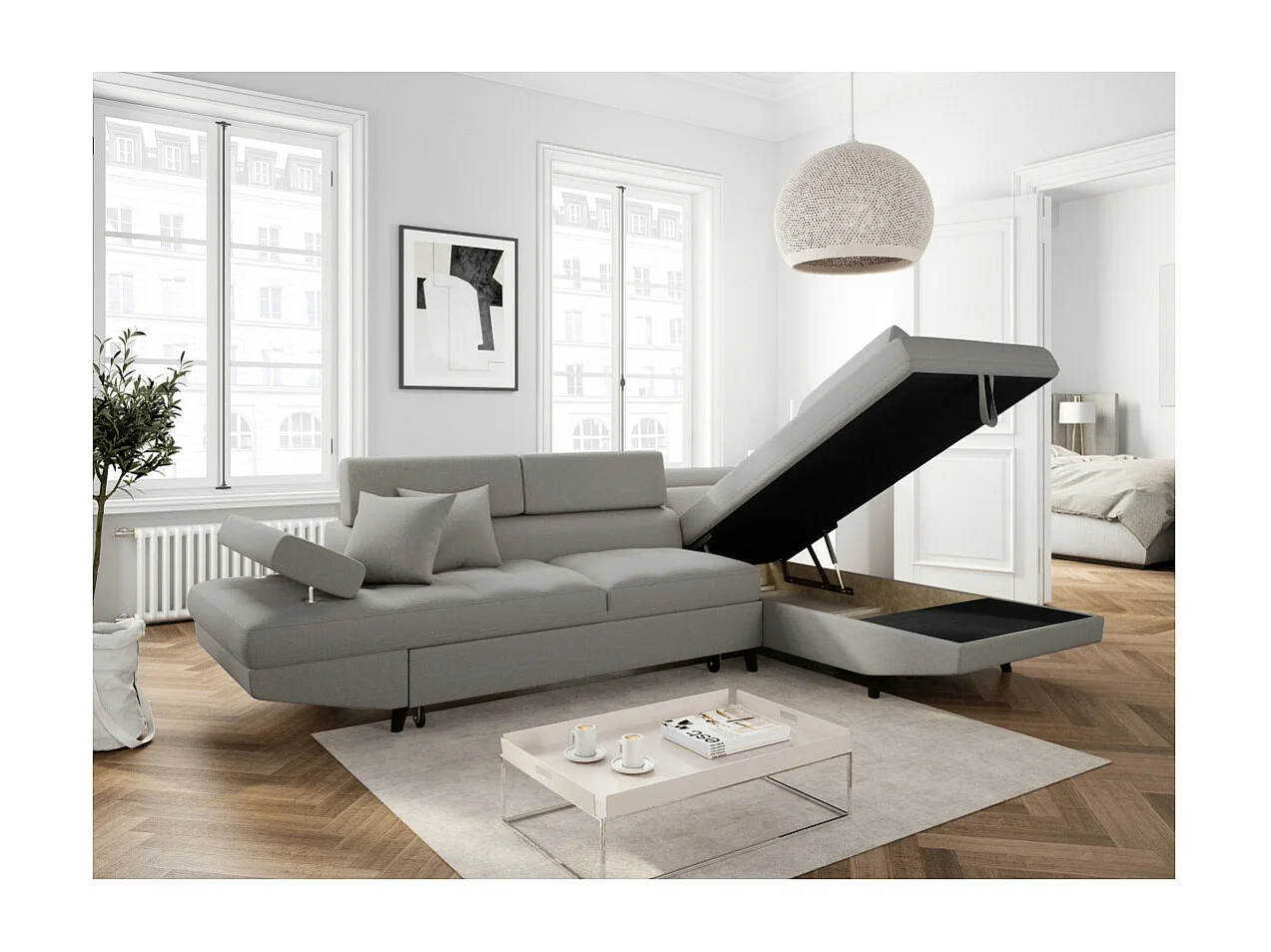 Canapé d'angle droit convertible Rio Scandinave avec coffre en tissu - Gris clair, Pieds noir - L271 x P192 x H70cm - Loungitude