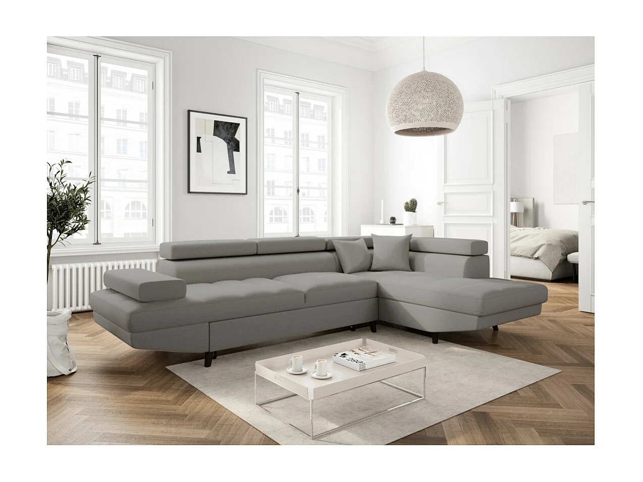 Canapé d'angle droit convertible Rio Scandinave avec coffre en tissu - Gris clair, Pieds noir - L271 x P192 x H70cm - Loungitude