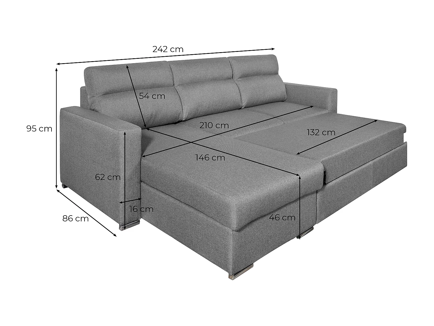 Canapé d'angle 4 places Kei réversible convertible en tissu - Gris anthracite - L242 x P177 x H95cm - Loungitude