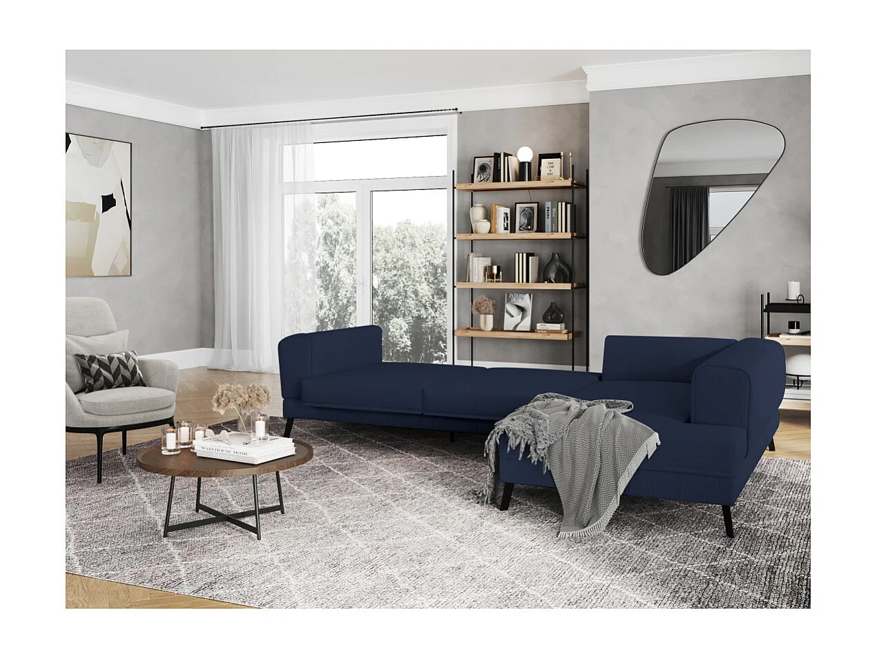 Canapé d'angle droit 4 places India convertible 2 coffres en tissu - Bleu foncé - L304 x 212 x 86cm - Loungitude