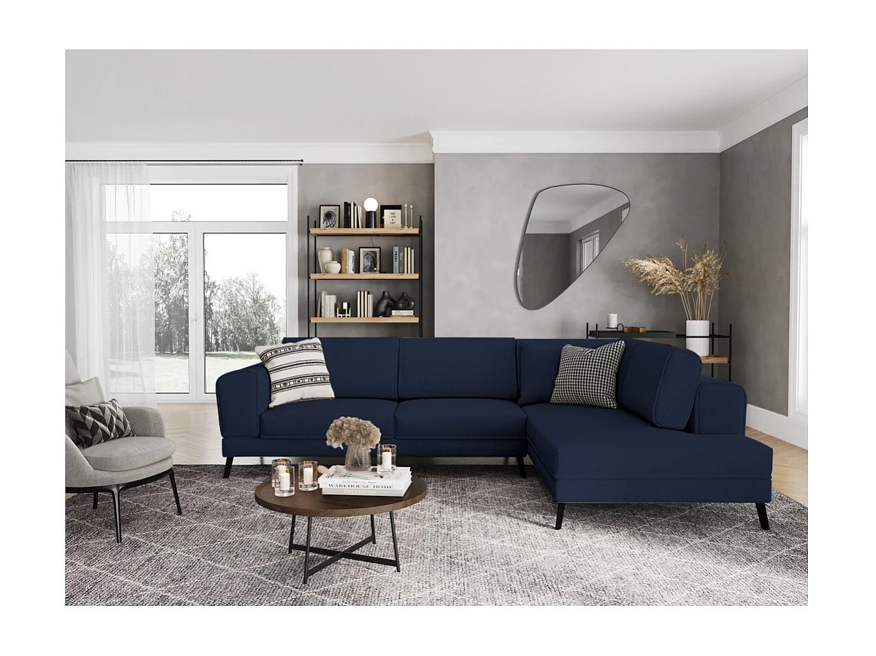 Canapé d'angle droit 4 places India convertible 2 coffres en tissu - Bleu foncé - L304 x 212 x 86cm - Loungitude