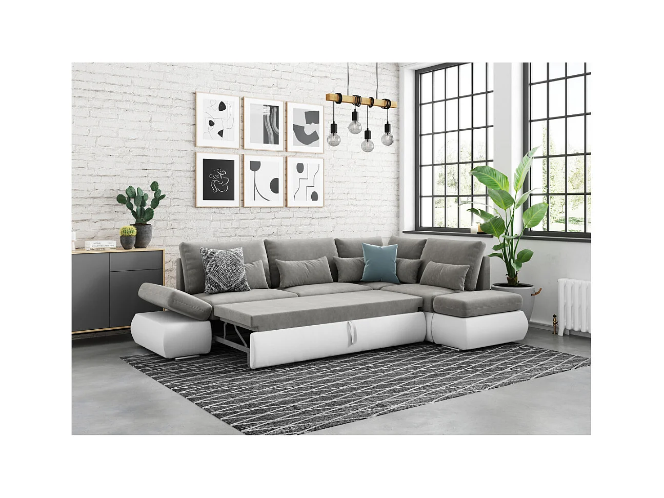 Canapé d'angle Sebastian Réversible et Convertible avec coffre en simili et tissu - Gris clair - L267 x P200 x H90cm - Loungitude
