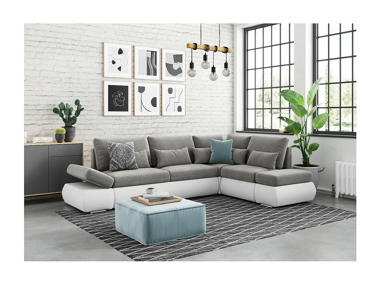 Canapé d'angle Sebastian Réversible et Convertible avec coffre en simili et tissu - Gris clair - L267 x P200 x H90cm - Loungitude