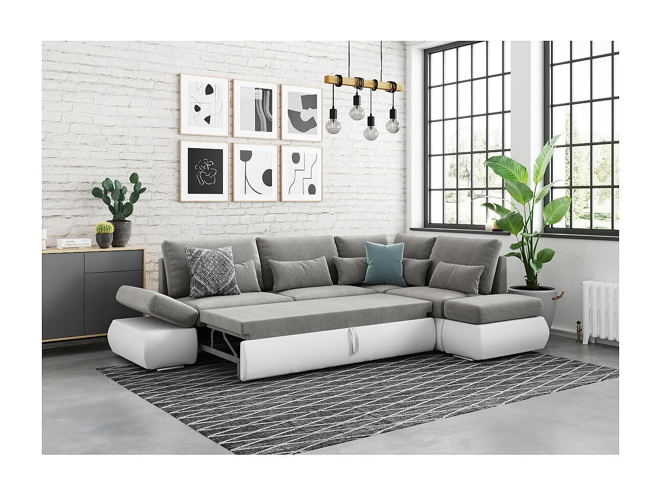 Canapé d'angle Sebastian Réversible et convertible avec coffre en simili et tissu - Gris clair - L267 x P200 x H90cm - Loungitude