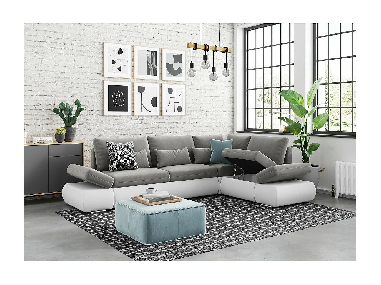 Canapé d'angle Sebastian Réversible et convertible avec coffre en simili et tissu - Gris clair - L267 x P200 x H90cm - Loungitude