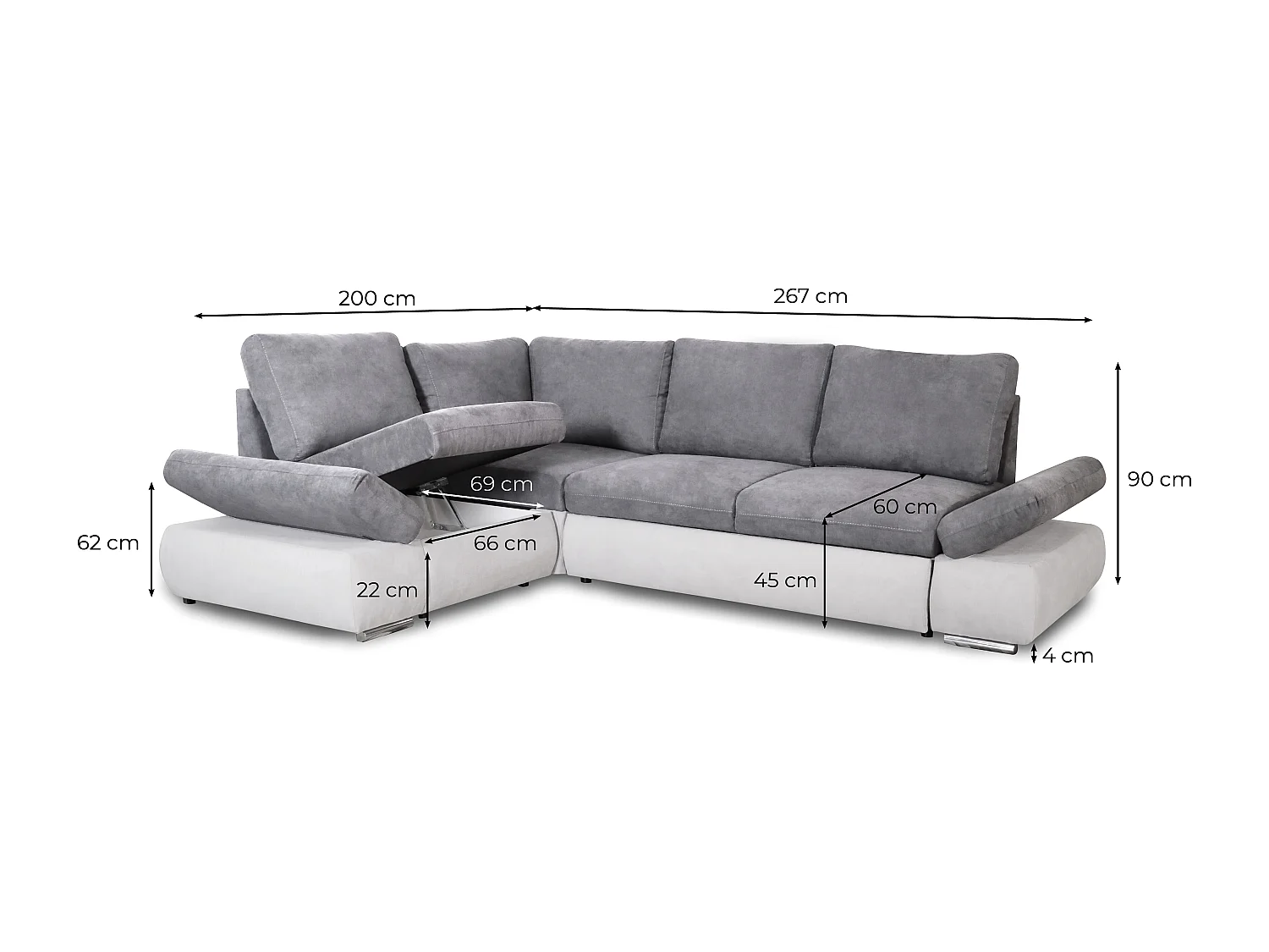 Canapé d'angle Sebastian Réversible et convertible avec coffre en simili et tissu - Gris clair - L267 x P200 x H90cm - Loungitude