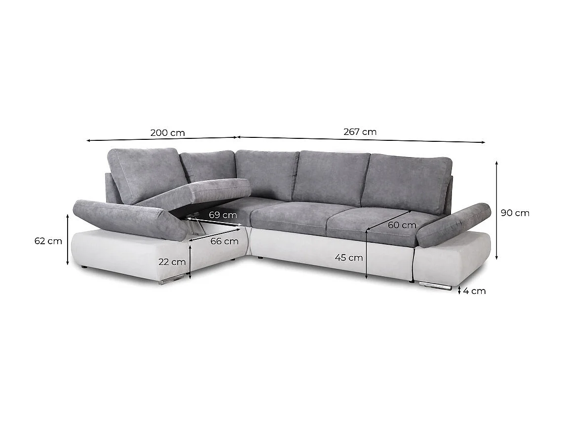 Canapé d'angle Sebastian Réversible et convertible avec coffre en simili et tissu - Gris clair - L267 x P200 x H90cm - Loungitude