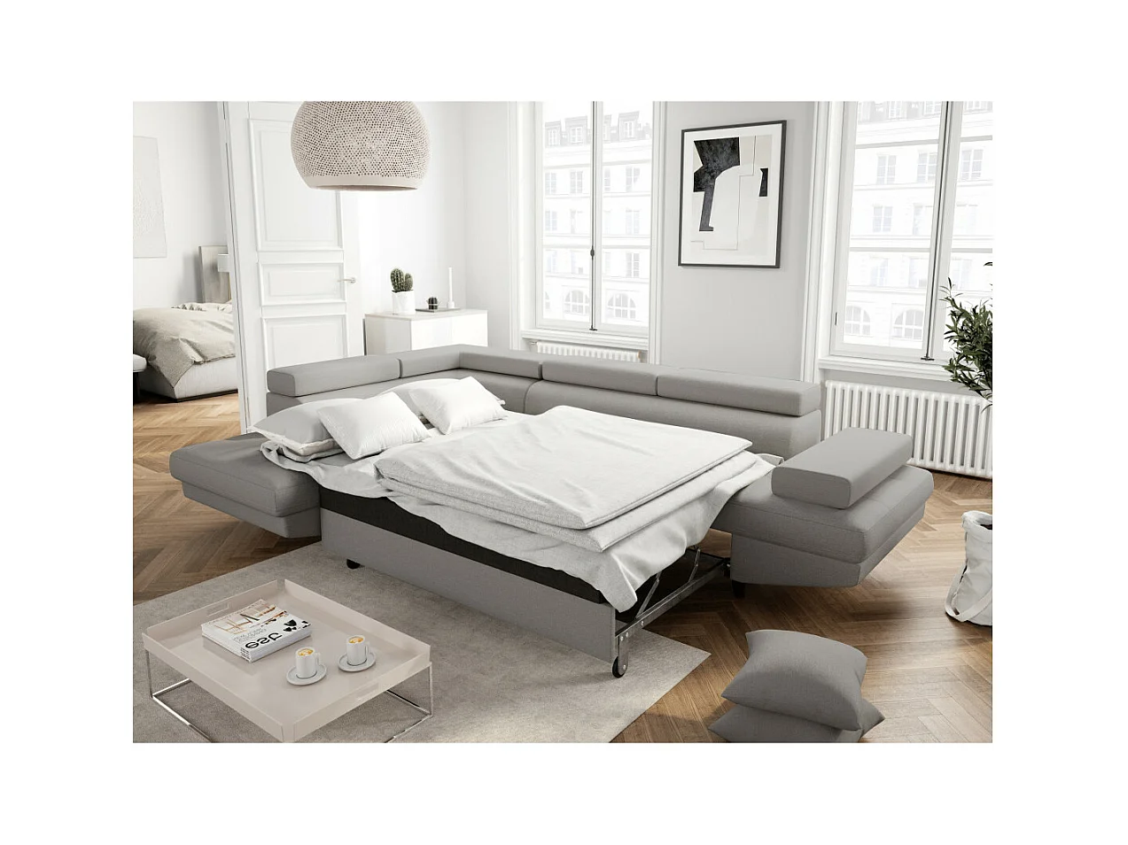 Canapé d'angle gauche convertible Rio Scandinave avec coffre en tissu - Gris clair, Pieds noir - L271 x P192 x H70cm - Loungitude