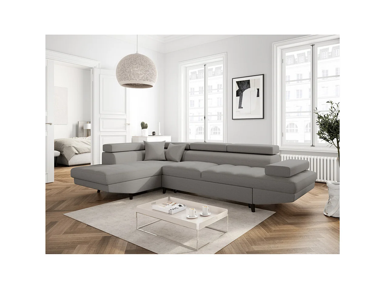 Canapé d'angle gauche convertible Rio Scandinave avec coffre en tissu - Gris clair, Pieds noir - L271 x P192 x H70cm - Loungitude