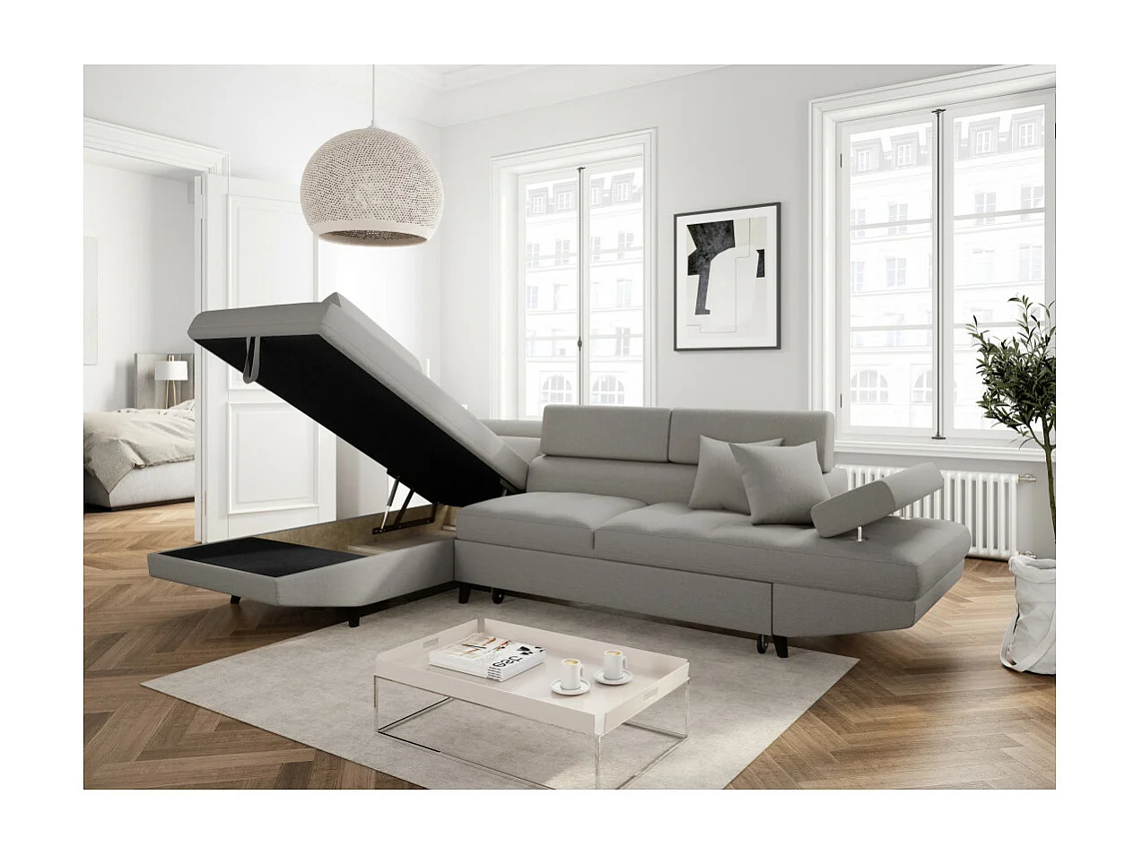 Canapé d'angle gauche convertible Rio Scandinave avec coffre en tissu - Gris clair, Pieds noir - L271 x P192 x H70cm - Loungitude
