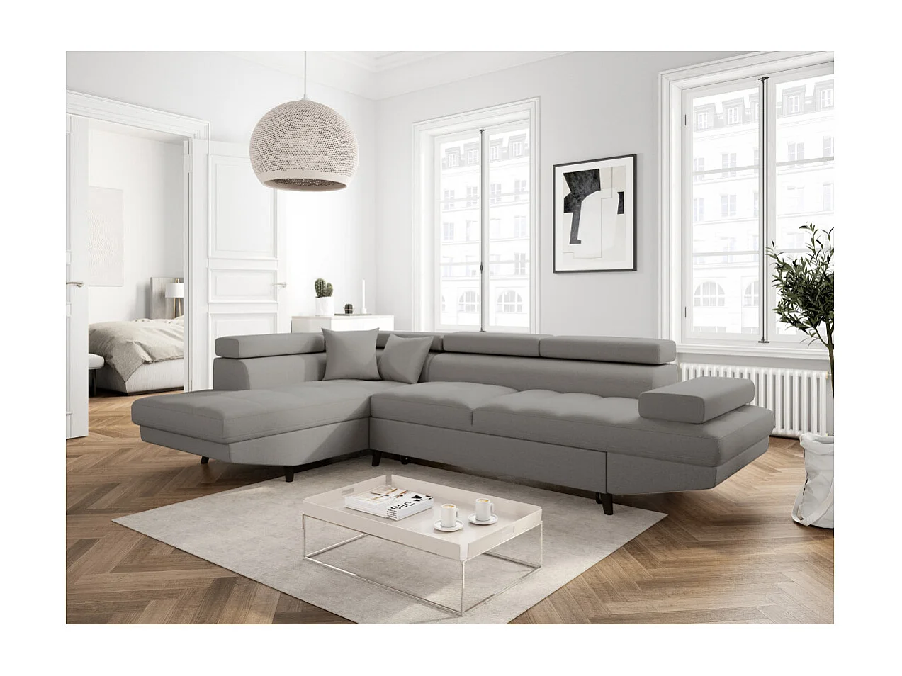 Canapé d'angle gauche convertible Rio Scandinave avec coffre en tissu - Gris clair, Pieds noir - L271 x P192 x H70cm - Loungitude