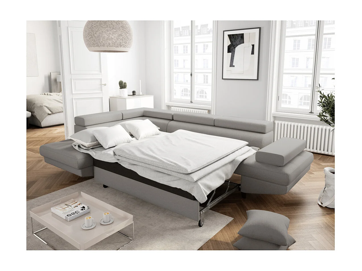 Canapé d'angle gauche convertible Rio Scandinave avec coffre en tissu - Gris clair, Pieds noir - L271 x P192 x H70cm - Loungitude